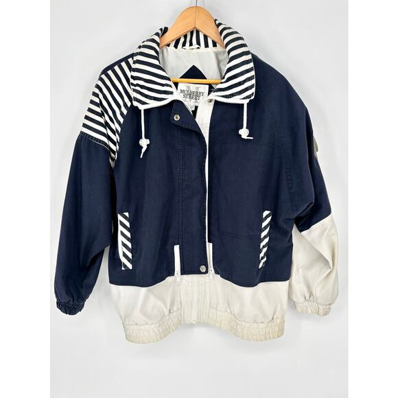 Mulberry Street Vintage 80's Nautical Striped Front Zip Hooded Jacket Size M - Picture 2 of 11